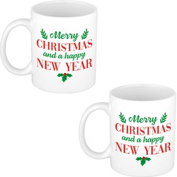 4x stuks Merry Christmas and Happy New Year cadeau kerstmok / kerstbeker wit 300 ml - Bekers