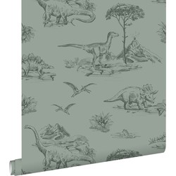 ESTAhome behang dinosaurussen vergrijsd groen - 0,53 x 10,05 m - 139358