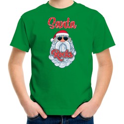 Bellatio Decorations kerst t-shirt voor kinderen - Kerstman - Santa Rocks - groen L (140-152) - kerst t-shirts kind