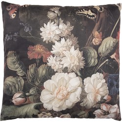 Clayre & Eef Sierkussen  45x45 cm Zwart Wit Synthetisch Vierkant Bloemen Kussenhoes met Kussenvulling