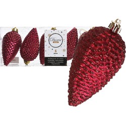 6x Dennenappels kerstballen - donkerrood - 8 cm - kunststof - glitter - Kerstbal