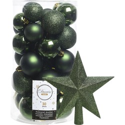 Decoris kerstballen 30x stuks - donkergroen 4/5/6 cm kunststof mat/glans/glitter mix en piek - Kerstbal