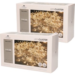 Set van 2x stuks clusterverlichting warm wit buiten 1152 lampjes met timer kerstverlichting - Kerstverlichting kerstboom