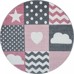 Tapijtenloods Kids Love Rond Vloerkleed Kinderkamer Roze / Grijs Laagpolig- 120 CM ROND