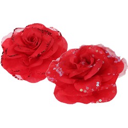 2x stuks decoratie bloemen rozen rood op clip 9 cm - Kersthangers