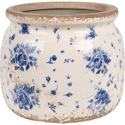 Clayre & Eef Bloempot Binnen  Ø 16x13 cm Beige Blauw Keramiek Roosjes Plantenpot