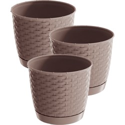 3x stuks ronde gevlochten plantenpotten/bloempotten kunststof dia 16.5 cm en hoogte 14 cm taupe - Plantenpotten