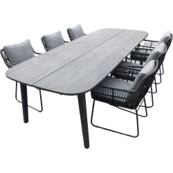 Set van Lennon tafel 280x110x76 cm charcoal en 6 Ran stoelen panther incl. kussens