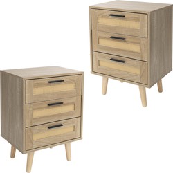 Nachtkastje set van 2 45x34x63 cm eiken bijzettafel met 3 laden en rotan front & massief houten poten ML design