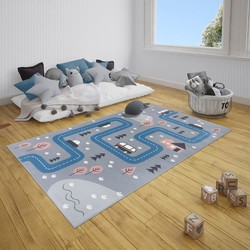 Kindervloerkleed - Design Kids Straat Grijs/Blauw - 80 X 150 CM