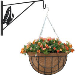 Hanging basket met muurhaak vlinder antraciet en kokos inlegvel - metaal - complete hangmand set - Plantenbakken