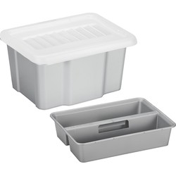 Sunware 2x opslagbox kunststof 24 liter lichtgrijs 42 x 33 x 22 cm met deksel en organiser tray - Opbergbox