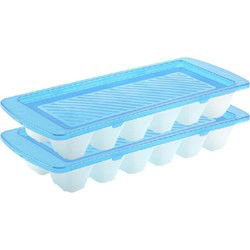 Set van 2x stuks iJsblokjes/ijsklontjes maken bakjes met afsluit deksel blauw 28 cm - IJsblokjesvormen
