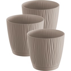 3x stuks stijlvolle kunststof plantenpot/bloempot dia 13 cm/hoogte 12 cm Waves taupe - Plantenpotten