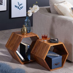 Pippa Design honingraat bijzettafel hout salontafel set van 2