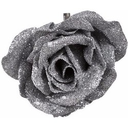 Kunstroos zilver met glitters op clip 9 cm - Kunstbloemen