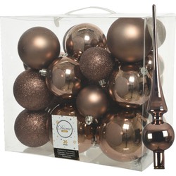 Set van 26x stuks kunststof kerstballen incl. glazen piek glans walnoot bruin - Kerstbal