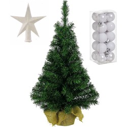 Volle kunst kerstboom 35 cm in jute zak inclusief witte versiering 21-delig - Kunstkerstboom