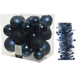 Kerstversiering kunststof kerstballen 6-8-10 cm met sterren slingers pakket donkerblauw 28x stuks - Kerstbal