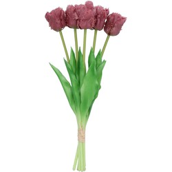 DK Design Kunst tulpen boeket - 5x stuks - aubergine paars - real touch - 39 cm - Kunstbloemen