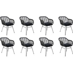 QUVIO Fauteuil tuinstoel Jade - Met kussen - Staal - PE rattan - Zwart - Set van 8