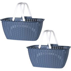 Wasmand met hengsels - 2x - blauw/wit - 26 liter - L43 x B30 x H21 cm - Wasmanden