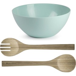 Salade/fruit serveer schaal - mintgroen - kunststof - Dia 25 cm - incl. bamboe Sla couvert/bestek - Serveerschalen