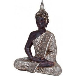 Boeddha beeld - zwart met zilver - zittend - polystone - 29 cm - Beeldjes