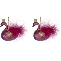 2x stuks kunststof kersthangers zwaan fuchsia roze 14 cm kerstornamenten - Kersthangers