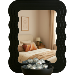 MISOU Wandspiegel - Organische Vorm - Wavy Spiegel - Reliëf - Badkamerspiegel - Woondecoratie - Wanddecoratie - Zwart - Miroir Mural