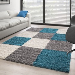 Hoogpolig vloerkleed -candy Shaggy Turquoise Geblokt - 80 X 150CM