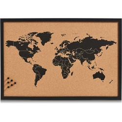 Zeller prikbord wereldkaart - zwart - 60 x 40 cm - kurk/hout - Prikborden