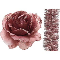 Kerstversiering kunststof glitter bloemen op clip 14 cm en folieslingers pakket oud roze 5x stuks - Kersthangers