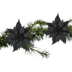2x stuks kerstboom decoratie bloemen zwart glitter op clip 18 cm - Kersthangers