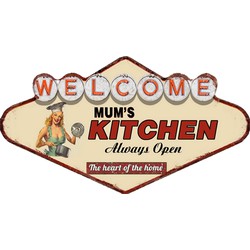 Clayre & Eef Wanddecoratie  49x27 cm Beige Rood Ijzer Welcome mum's kitchen Always Open Muurdecoratie