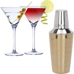 Set van 4x Martini cocktailglazen met goud gestreepte cocktailshaker RVS - Cocktailglazen