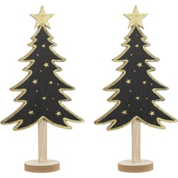 2x stuks kerstdecoratie houten decoratie kerstboom zwart met gouden sterren B18 x H36 cm - Kunstkerstboom