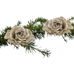 2x stuks kerstboom bloemen roos champagne glitter op clip 10 cm - Kersthangers