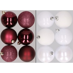 12x stuks kunststof kerstballen mix van aubergine en wit 8 cm - Kerstbal