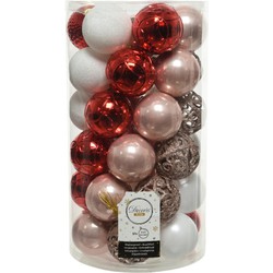 Decoris kerstballen - 37x st - lichtroze/rood/wit - 6 cm - kunststof - Kerstbal