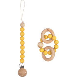 Kave Home - Speenketting en bijtring set Epiphany van siliconen en hout in mosterdgeel