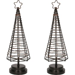 Set van 2x stuks verlichte zwarte 3D lichtboompjes/metalen boompjes/kerstboompjes 45 leds 36 cm - kerstverlichting figuur