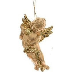 1x Kerst hangdecoratie gouden engeltje met lute muziekinstrument 10 cm - Kersthangers
