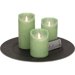 Ronde kaarsenplateau zwart van kunststof D33 cm met 3 jade groene LED-kaarsen 10/12,5/15 cm - Kaarsenplateaus