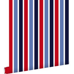 ESTAhome behang verticale strepen donkerblauw, rood en wit - 53 cm x 10,05 m - 138705