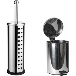 Toiletborstel houder zilver rvs 39 cm met pedaalemmer 3 liter - Badkameraccessoireset