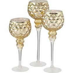 Luxe glazen design kaarsenhouders/windlichten set van 3x stuks champagne/goud transparant 30-40 cm - Waxinelichtjeshouders