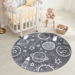 Tapijtenloods Vloerkleed Space Rond Laagpolig Anime Kids Grijs- 120 CM ROND