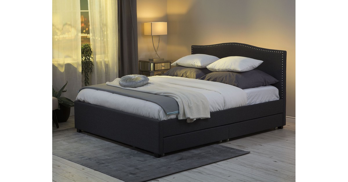 Bed met opbergruimte stof grijs 160 x 200 cm met LED wit MONTPELLIER