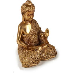 Boeddha beeld polyresin goud 18 cm voor binnen met hand - Beeldjes